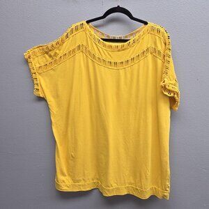 Roaman's Shirt Womens 1X 22/24 Yellow Short Sleeve Fringe Trim Boho Top Summer